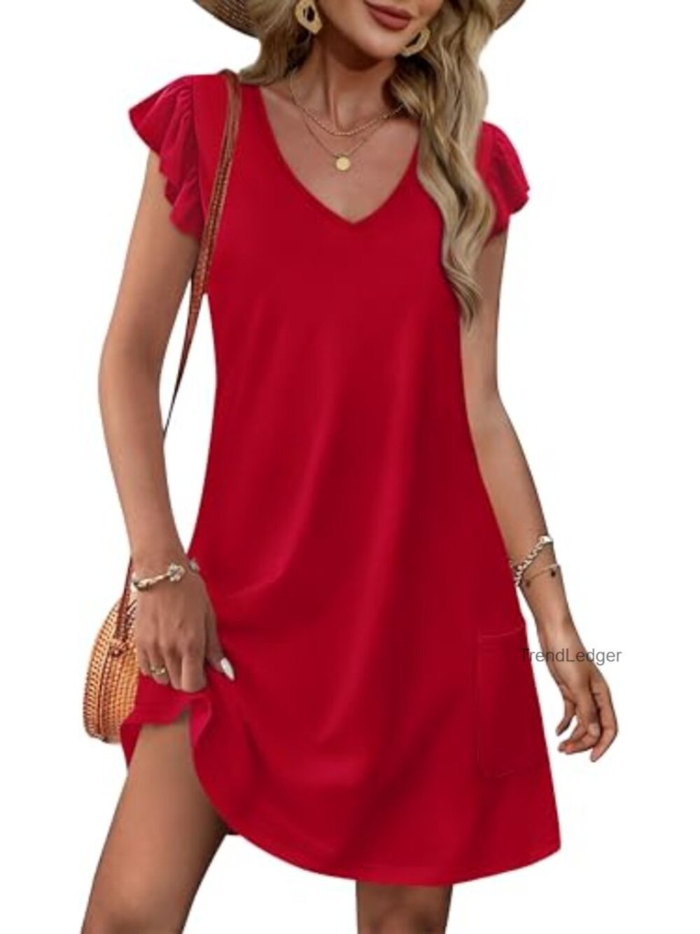 OFEEFAN Womens Summer Dress Ruffle Sleeve V Neck Swing Sundress Pockets
